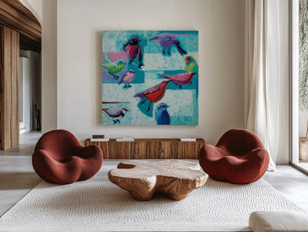Odd Flock by Shirley Novak. Shown as extra-large giant wall art in a modern living room. Available as an archival giclee rolled canvas, fine art paper, or poster print. SKU 92997a.