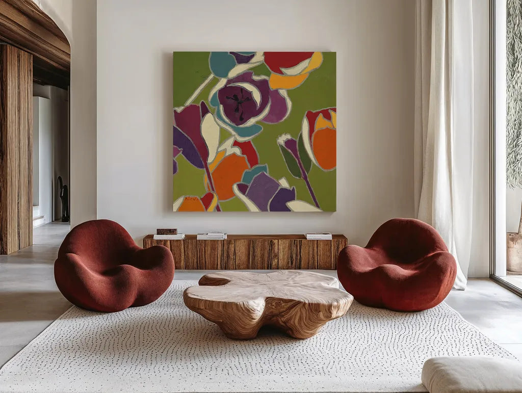 Orange Cloisonne Tulipe I by Shirley Novak. Shown as extra-large giant wall art in a modern living room. Available as an archival giclee rolled canvas, fine art paper, or poster print. SKU 45158a.