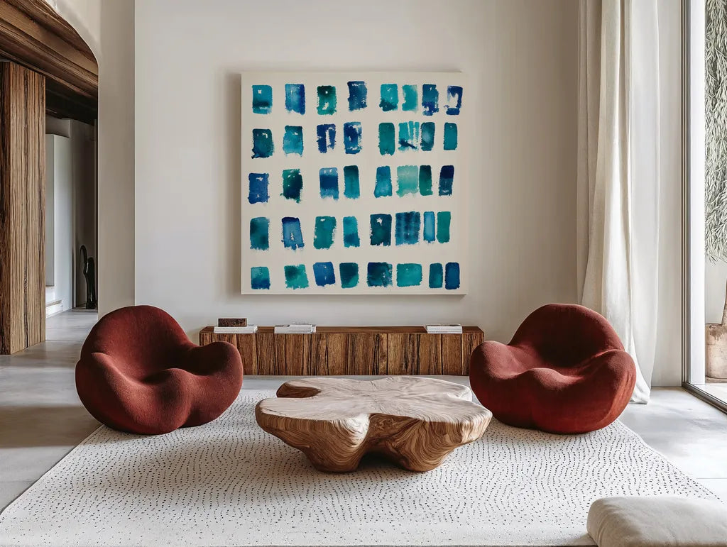 Pas Parfait III by Shirley Novak. Shown as extra-large giant wall art in a modern living room. Available as an archival giclee rolled canvas, fine art paper, or poster print. SKU 22773a.