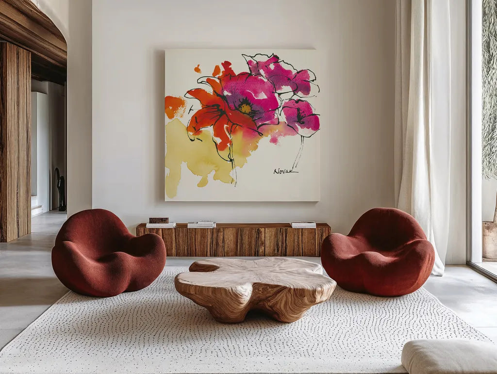 Pattys Plum I by Shirley Novak. Shown as extra-large giant wall art in a modern living room. Available as an archival giclee rolled canvas, fine art paper, or poster print. SKU 27565a.