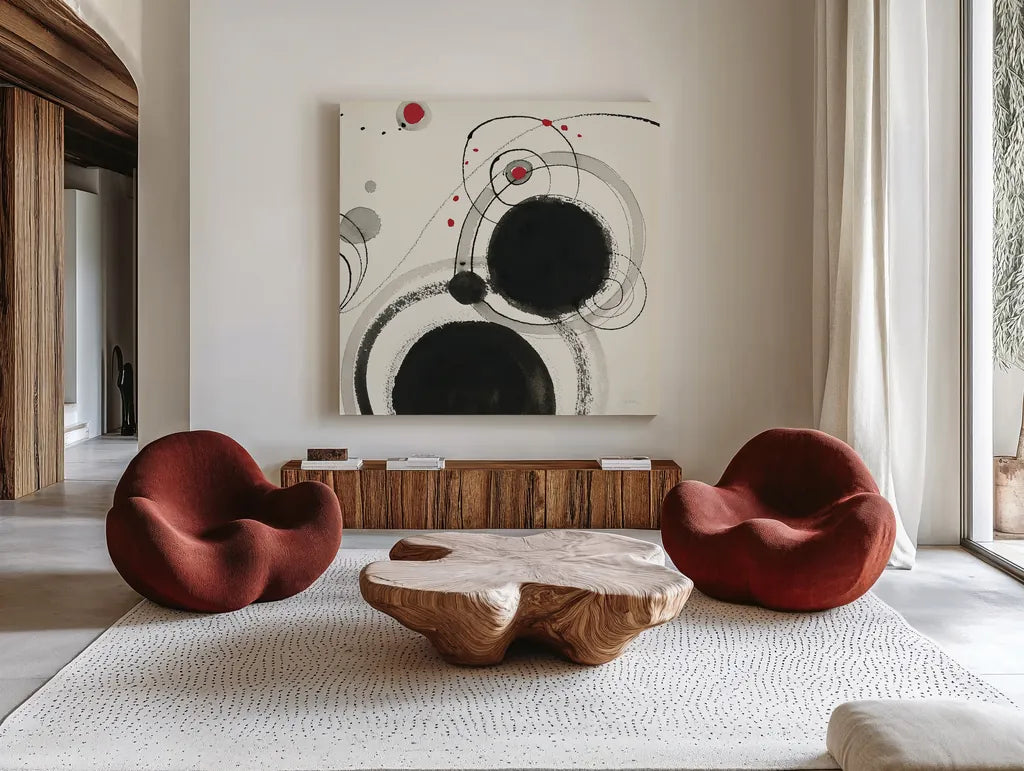 Planetary III with Red by Shirley Novak. Shown as extra-large giant wall art in a modern living room. Available as an archival giclee rolled canvas, fine art paper, or poster print. SKU 30935a.