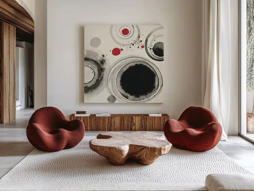 Planetary IV with Red by Shirley Novak. Shown as extra-large giant wall art in a modern living room. Available as an archival giclee rolled canvas, fine art paper, or poster print. SKU 30936a.