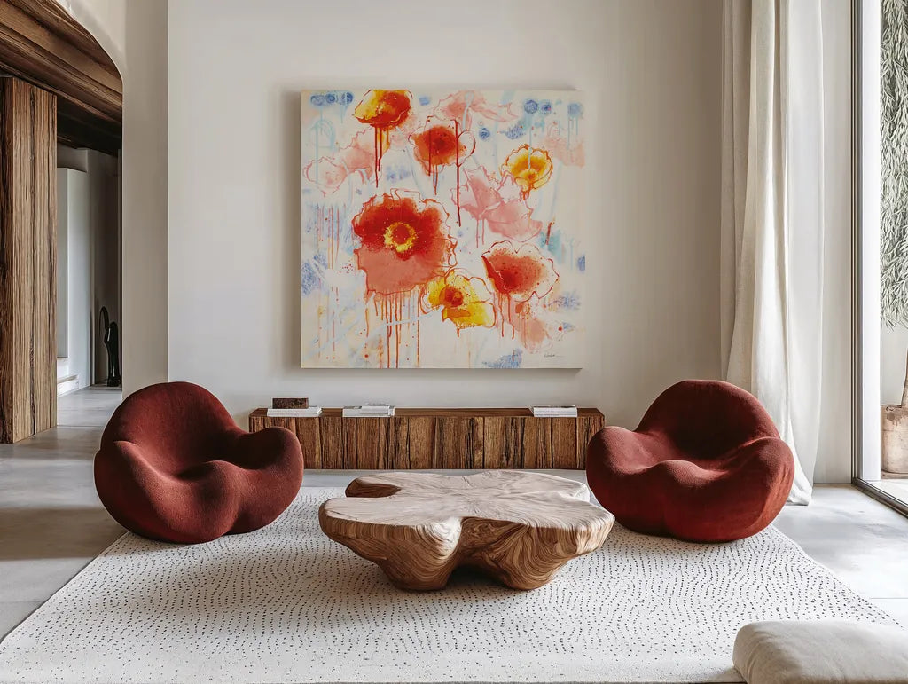 Playin with Poppies by Shirley Novak. Shown as extra-large giant wall art in a modern living room. Available as an archival giclee rolled canvas, fine art paper, or poster print. SKU 89374a.