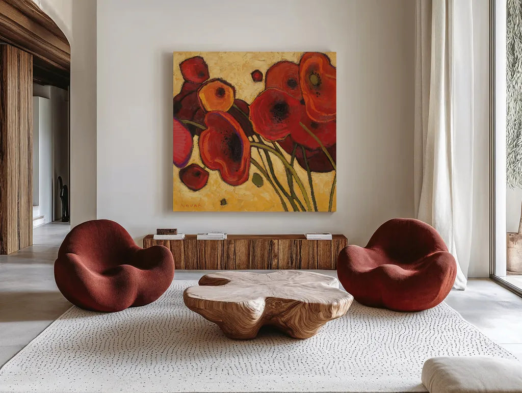 Poppies WIldly I by Shirley Novak. Shown as extra-large giant wall art in a modern living room. Available as an archival giclee rolled canvas, fine art paper, or poster print. SKU 4743a.