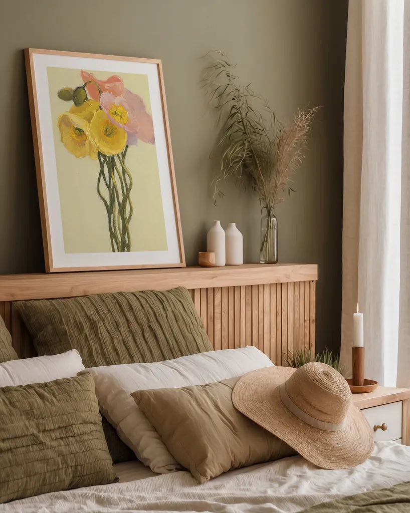 Poppy Nosegay III by Shirley Novak. shown as a paper print in a natural frame. Available as a archival giclee rolled canvas, fine art paper, or poster print. SKU 45984h.