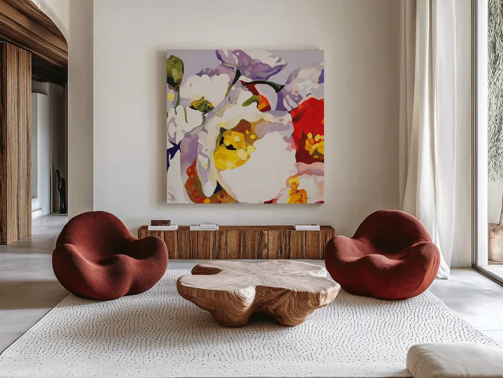 Poppy Patterns II by Shirley Novak. Shown as extra-large giant wall art in a modern living room. Available as an archival giclee rolled canvas, fine art paper, or poster print. SKU 88680a.