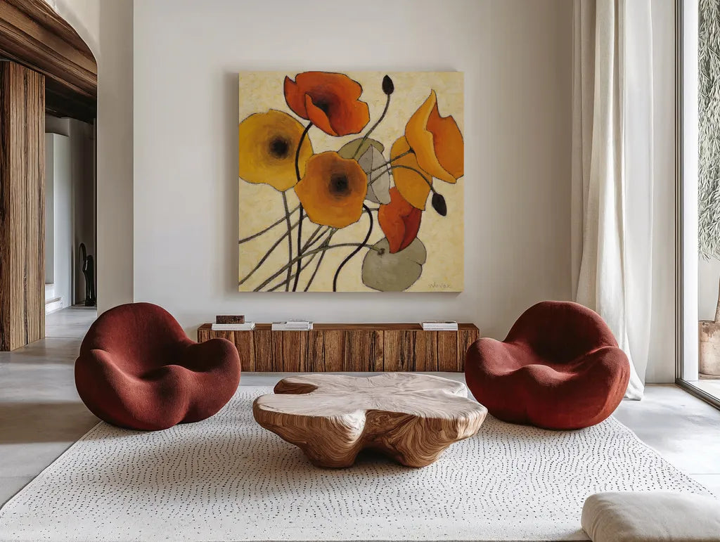 Pumpkin Poppies II by Shirley Novak. Shown as extra-large giant wall art in a modern living room. Available as an archival giclee rolled canvas, fine art paper, or poster print. SKU 4680a.