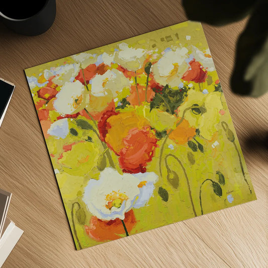 Red and Olive Celebration by Shirley Novak. Shown as a detailed flat fine art print, highlighting archival giclee quality. Available as an archival giclee rolled canvas, fine art paper, or poster print. SKU 98490a.