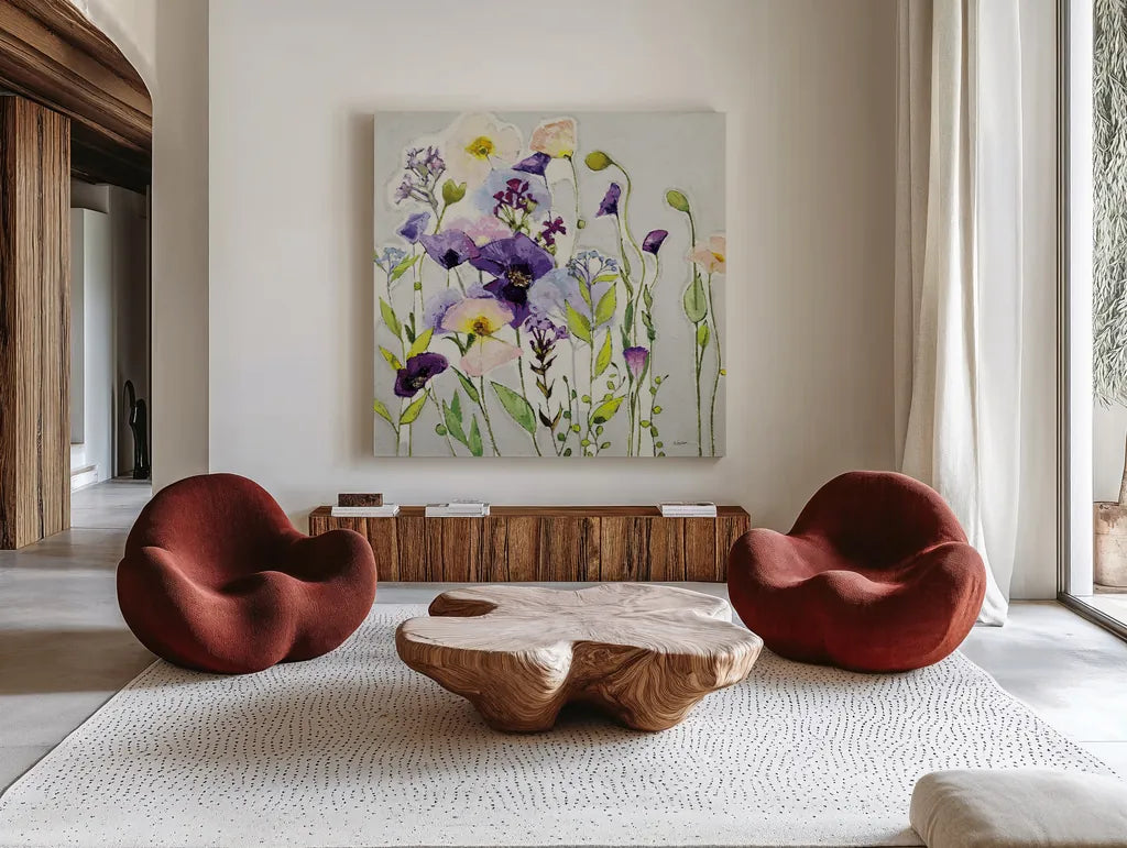 Reve de Coquelicot by Shirley Novak. Shown as extra-large giant wall art in a modern living room. Available as an archival giclee rolled canvas, fine art paper, or poster print. SKU 89140a.