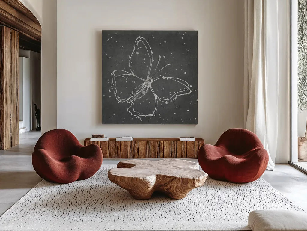 Silver Wings I by Shirley Novak. Shown as extra-large giant wall art in a modern living room. Available as an archival giclee rolled canvas, fine art paper, or poster print. SKU 73123a.