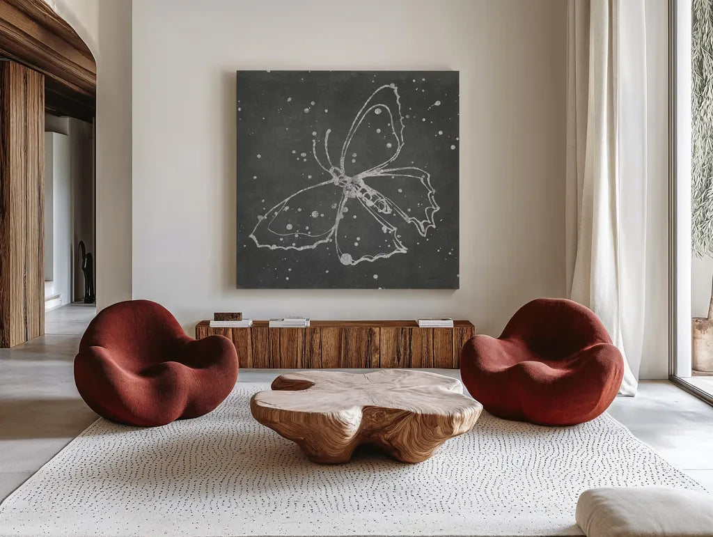 Silver Wings II by Shirley Novak. Shown as extra-large giant wall art in a modern living room. Available as an archival giclee rolled canvas, fine art paper, or poster print. SKU 73124a.