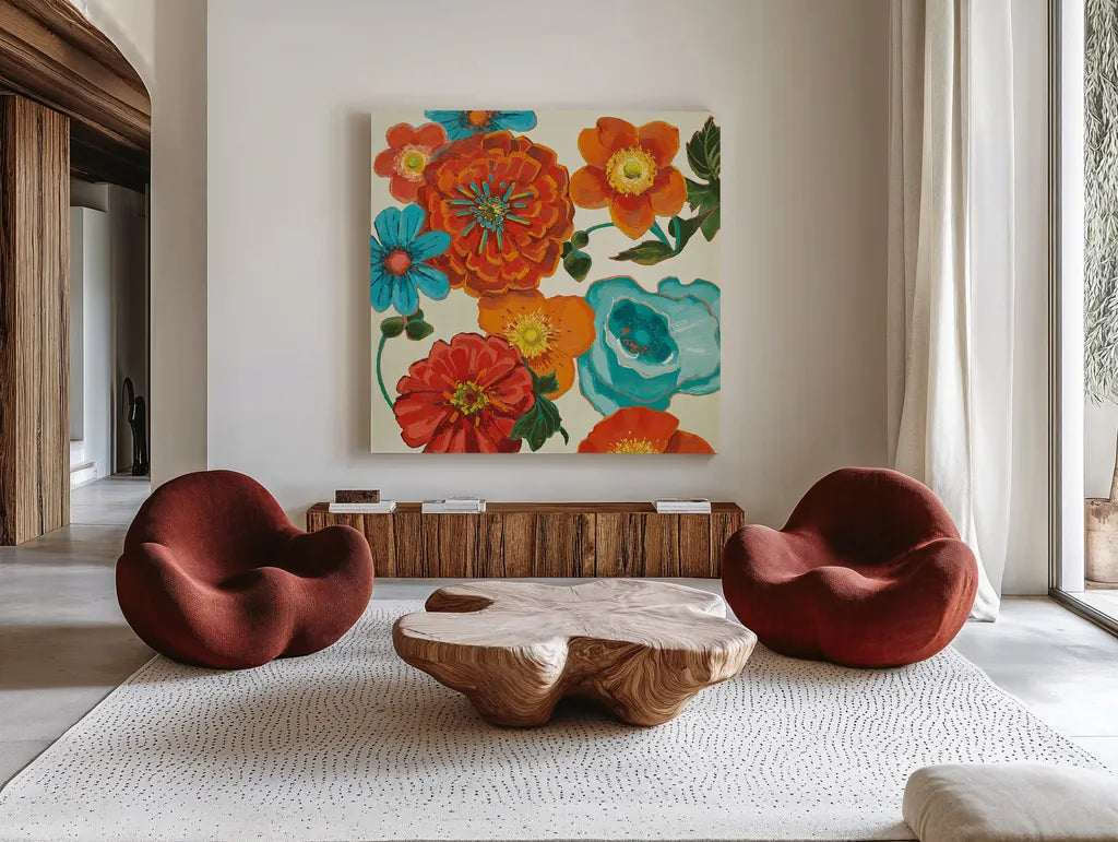 Spring Collage Vignette by Shirley Novak. Shown as extra-large giant wall art in a modern living room. Available as an archival giclee rolled canvas, fine art paper, or poster print. SKU 20783a.