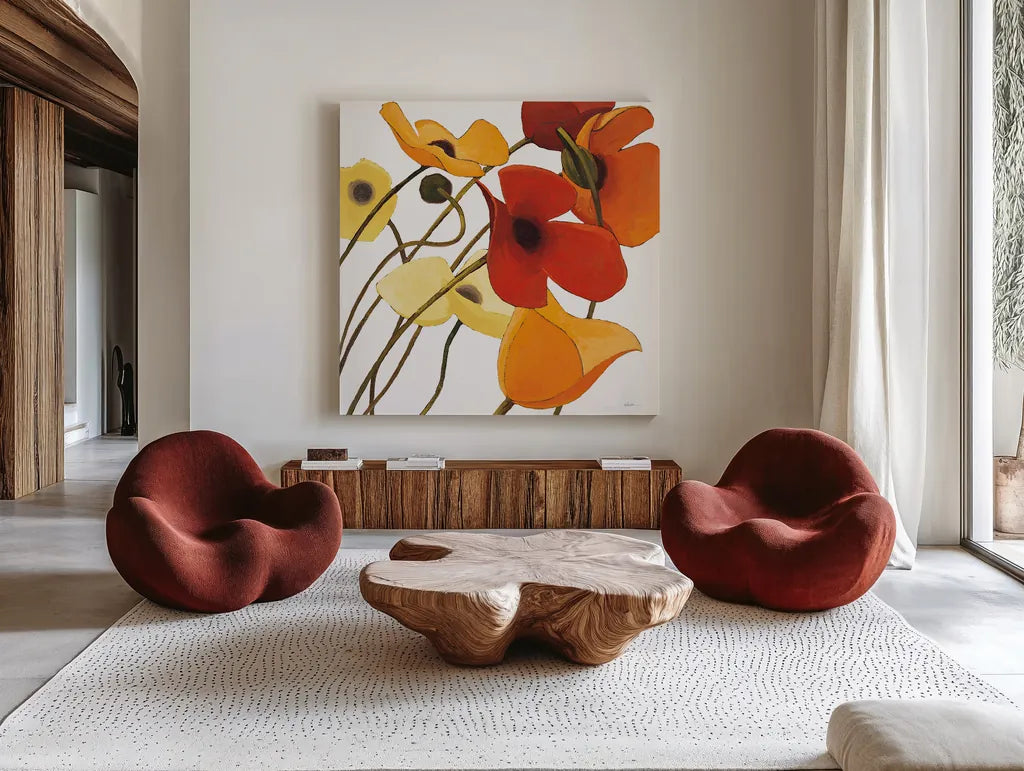 Up Two on White Yellow by Shirley Novak. Shown as extra-large giant wall art in a modern living room. Available as an archival giclee rolled canvas, fine art paper, or poster print. SKU 31324a.
