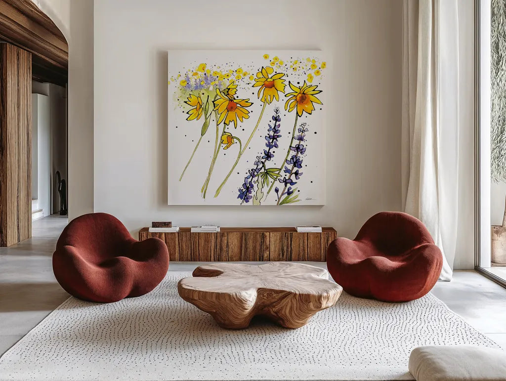 Wild Sunflowers and Lupine by Shirley Novak. Shown as extra-large giant wall art in a modern living room. Available as an archival giclee rolled canvas, fine art paper, or poster print. SKU 89288a.