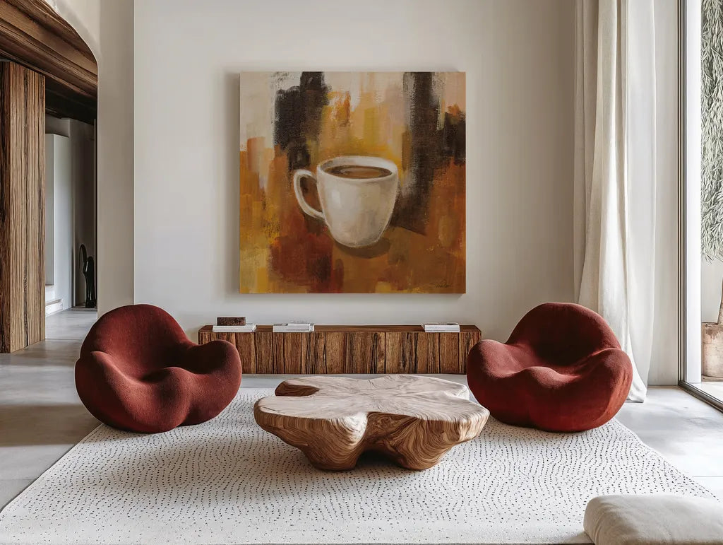 Abstract Coffee II by Silvia Vassileva. Shown as extra-large giant wall art in a modern living room. Available as an archival giclee rolled canvas, fine art paper, or poster print. SKU 84275a.