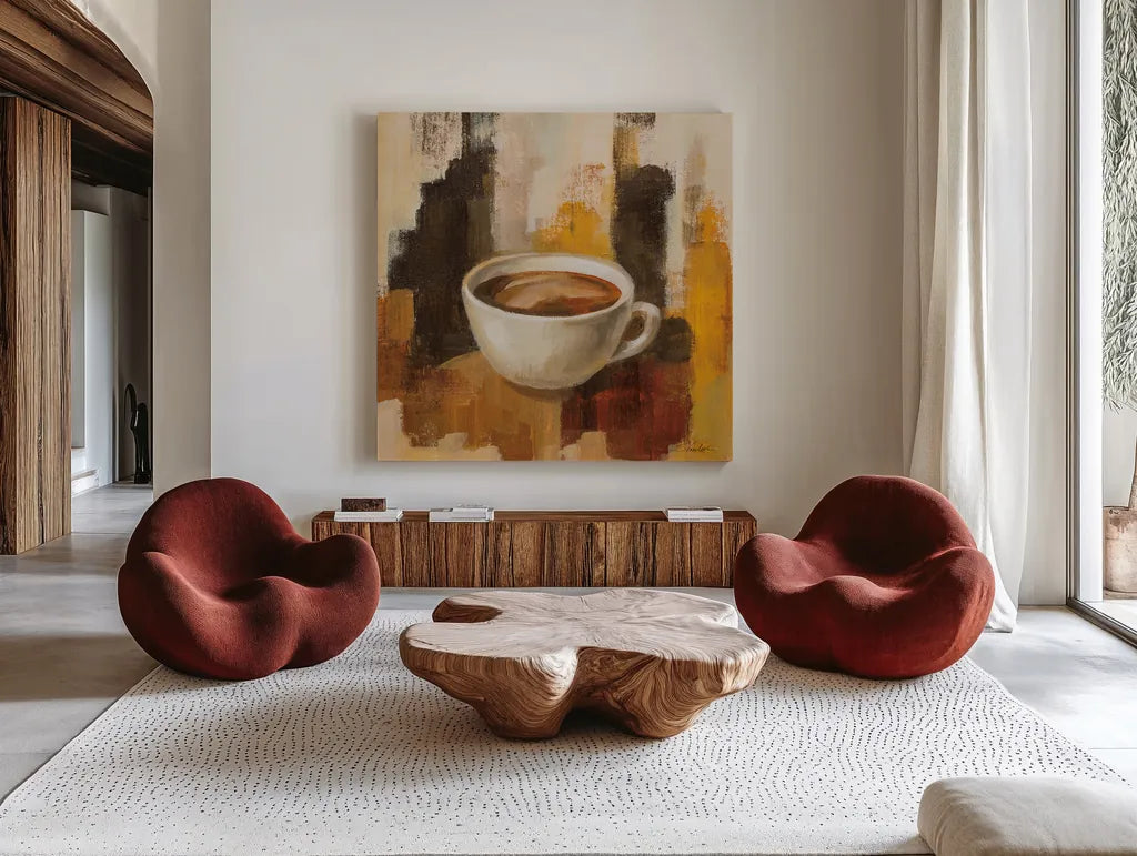Abstract Coffee V by Silvia Vassileva. Shown as extra-large giant wall art in a modern living room. Available as an archival giclee rolled canvas, fine art paper, or poster print. SKU 84278a.