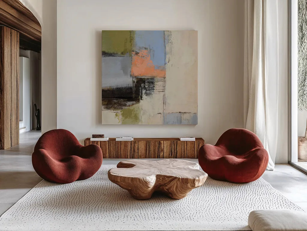 Abstract Fragments II by Silvia Vassileva. Shown as extra-large giant wall art in a modern living room. Available as an archival giclee rolled canvas, fine art paper, or poster print. SKU 92005a.