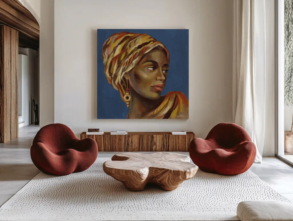 African Beauty I Blue by Silvia Vassileva. Shown as extra-large giant wall art in a modern living room. Available as an archival giclee rolled canvas, fine art paper, or poster print. SKU 72626a.