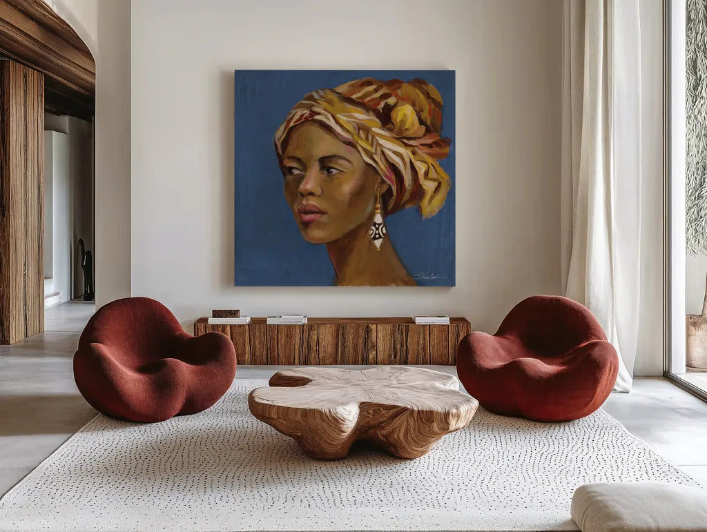 African Beauty II Blue by Silvia Vassileva. Shown as extra-large giant wall art in a modern living room. Available as an archival giclee rolled canvas, fine art paper, or poster print. SKU 72627a.
