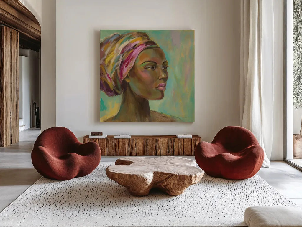 African Woman I by Silvia Vassileva. Shown as extra-large giant wall art in a modern living room. Available as an archival giclee rolled canvas, fine art paper, or poster print. SKU 64160a.