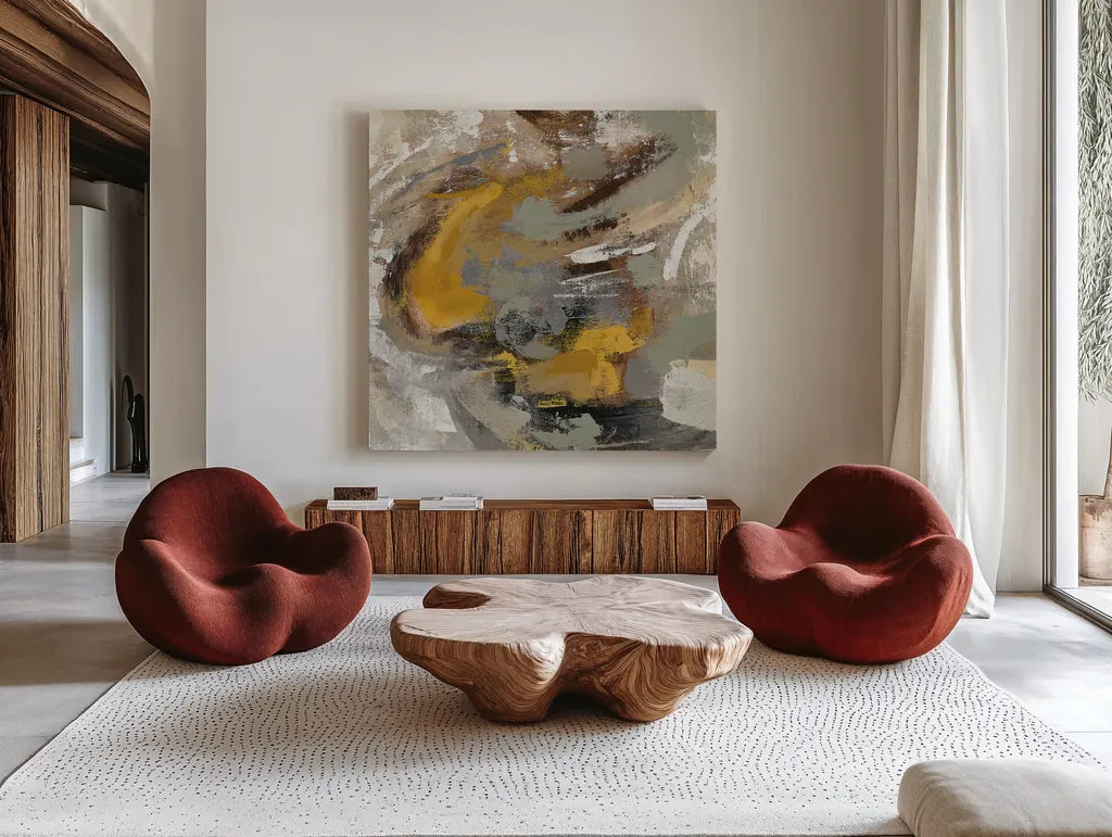 Amber Ring v2 by Silvia Vassileva. Shown as extra-large giant wall art in a modern living room. Available as an archival giclee rolled canvas, fine art paper, or poster print. SKU 28414a.