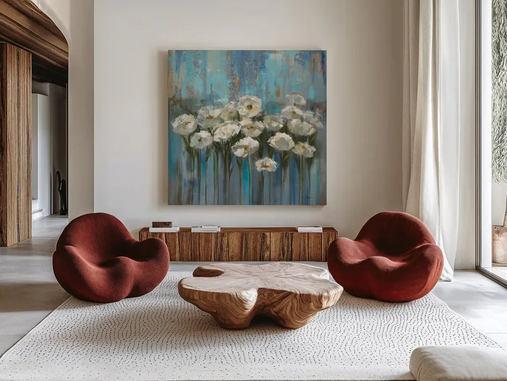 Anemones by the Lake Square by Silvia Vassileva. Shown as extra-large giant wall art in a modern living room. Available as an archival giclee rolled canvas, fine art paper, or poster print. SKU 97637a.
