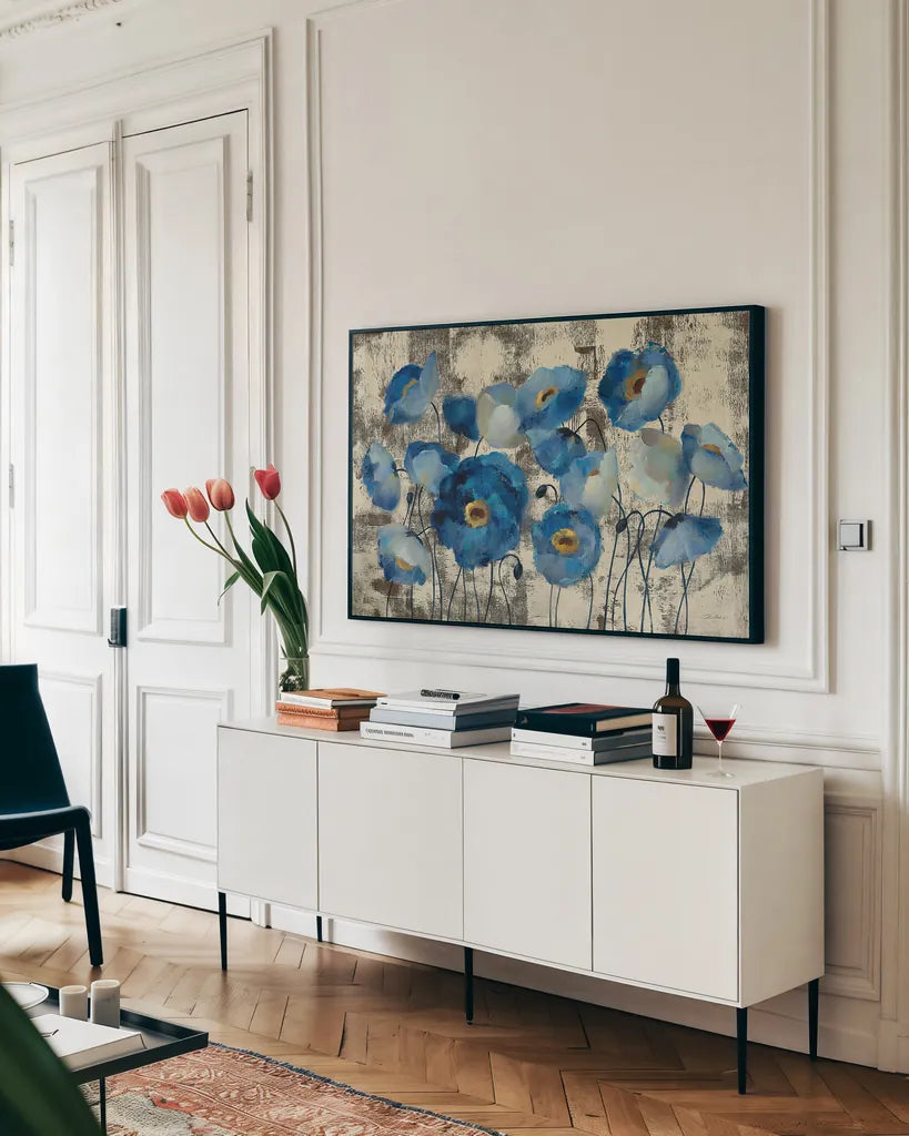 Aquamarine Floral by Silvia Vassileva. shown as a framed stretched canvas in a living room above a console. Available as a archival giclee rolled canvas, fine art paper, or poster print. SKU 7164i.