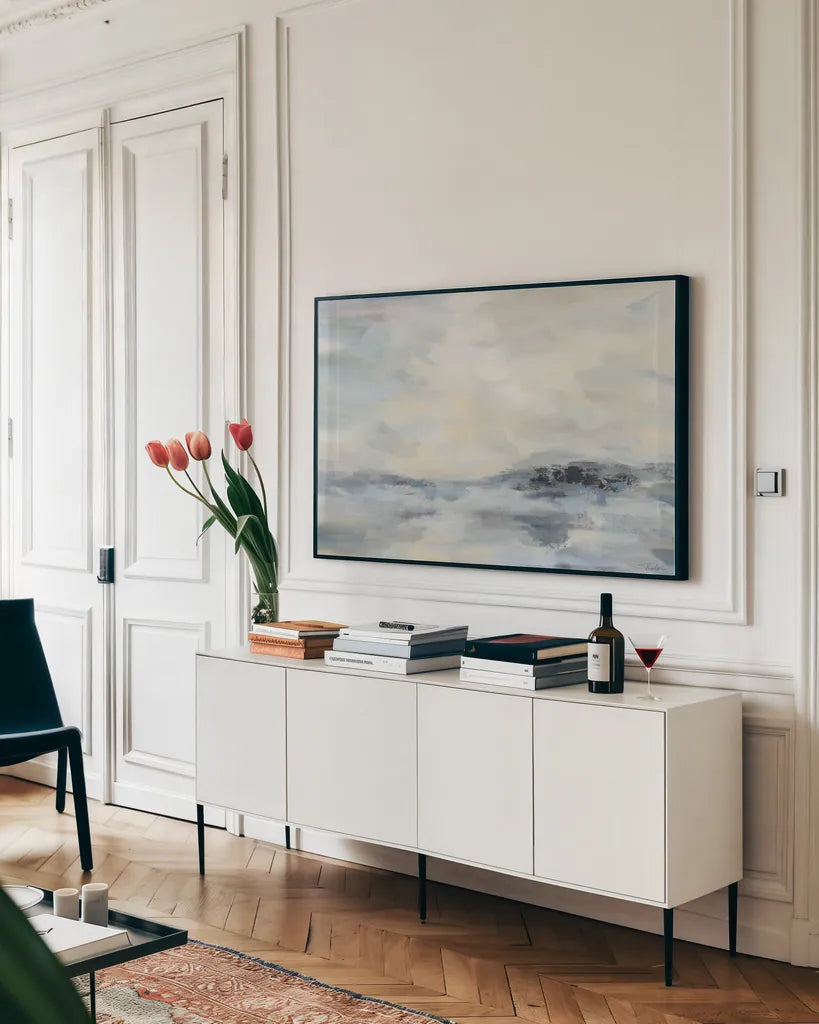 Aquamarine Waves by Silvia Vassileva. shown as a framed stretched canvas in a living room above a console. Available as a archival giclee rolled canvas, fine art paper, or poster print. SKU 99708i.