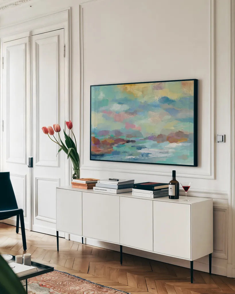 Archipelago Crop by Silvia Vassileva. shown as a framed stretched canvas in a living room above a console. Available as a archival giclee rolled canvas, fine art paper, or poster print. SKU 21878i.