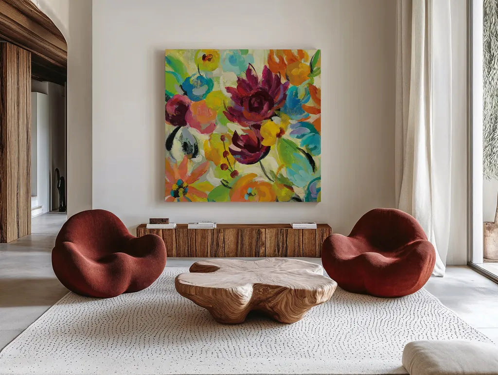 Autumn Joy II by Silvia Vassileva. Shown as extra-large giant wall art in a modern living room. Available as an archival giclee rolled canvas, fine art paper, or poster print. SKU 29243a.