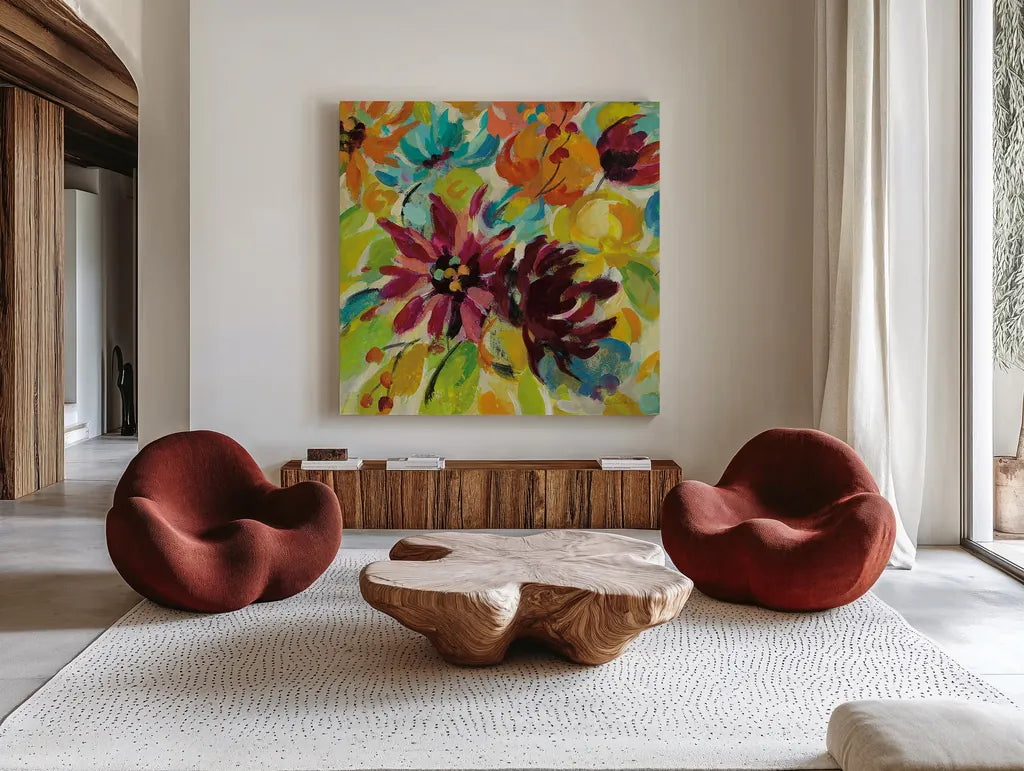 Autumn Joy III by Silvia Vassileva. Shown as extra-large giant wall art in a modern living room. Available as an archival giclee rolled canvas, fine art paper, or poster print. SKU 29244a.