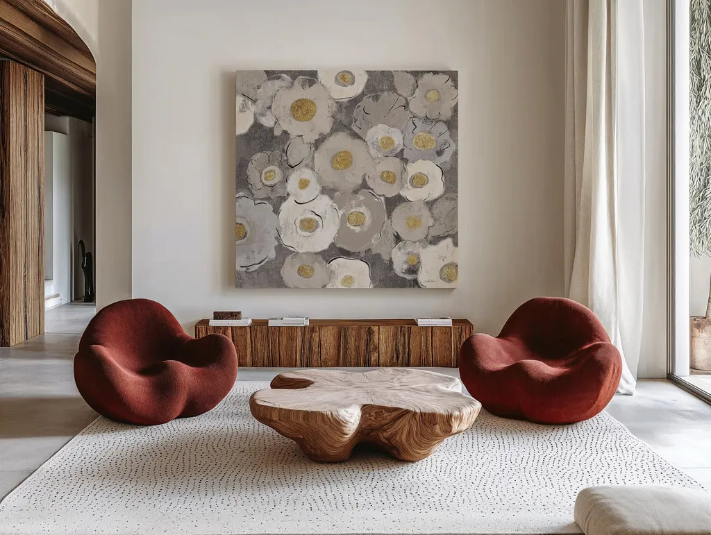 Bohemian Bouquet II Neutral by Silvia Vassileva. Shown as extra-large giant wall art in a modern living room. Available as an archival giclee rolled canvas, fine art paper, or poster print. SKU 23204a.