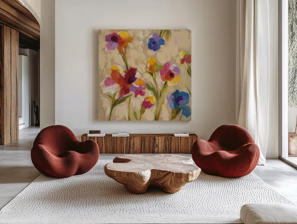 Bold Bright Flowers II by Silvia Vassileva. Shown as extra-large giant wall art in a modern living room. Available as an archival giclee rolled canvas, fine art paper, or poster print. SKU 15160a.