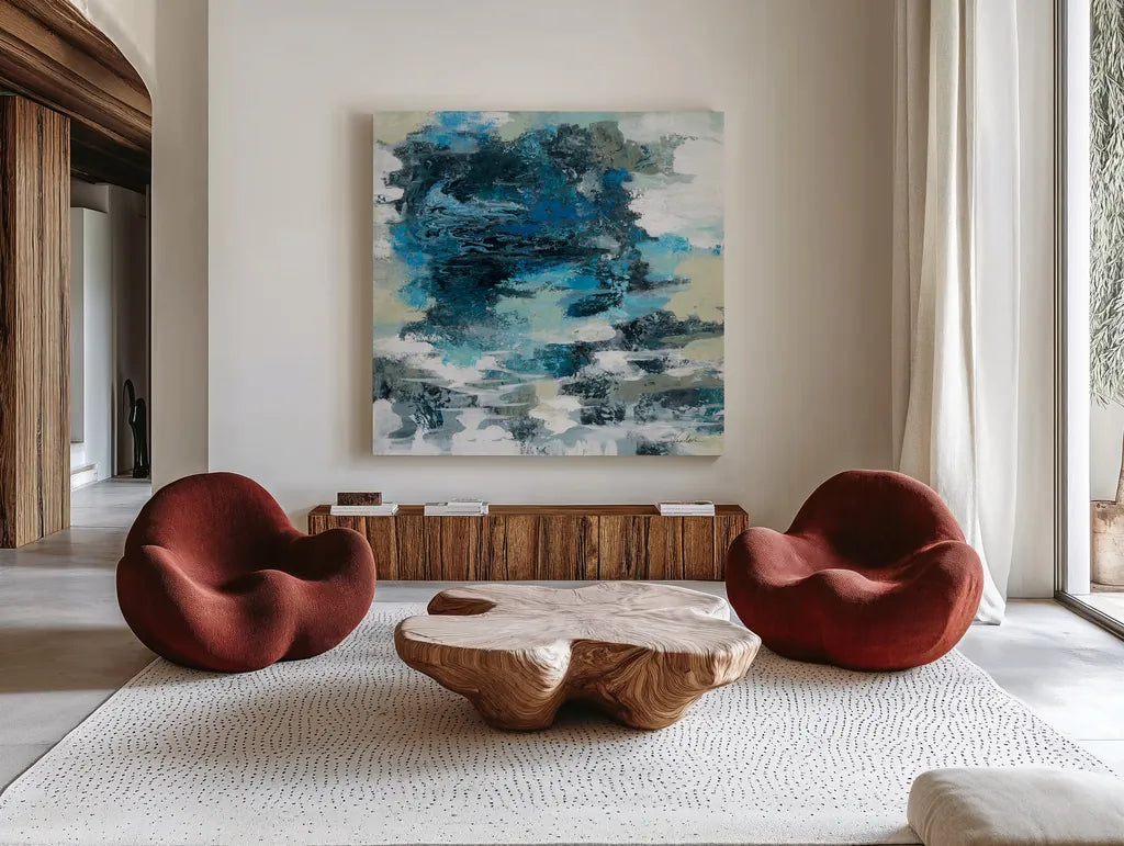 Brilliant Blue Water by Silvia Vassileva. Shown as extra-large giant wall art in a modern living room. Available as an archival giclee rolled canvas, fine art paper, or poster print. SKU 75418a.