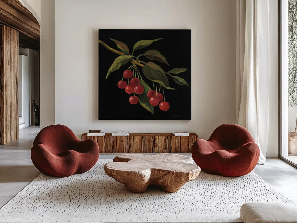 Cerise no Words by Silvia Vassileva. Shown as extra-large giant wall art in a modern living room. Available as an archival giclee rolled canvas, fine art paper, or poster print. SKU 29208a.