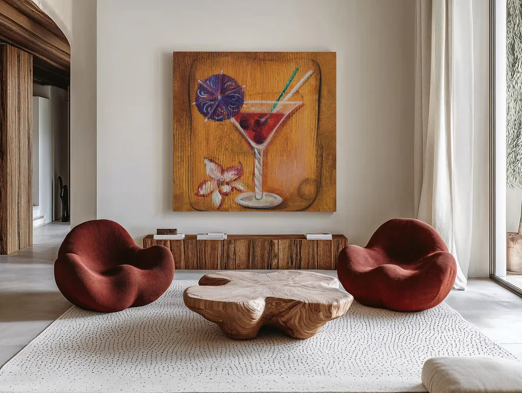 Cheers VII by Silvia Vassileva. Shown as extra-large giant wall art in a modern living room. Available as an archival giclee rolled canvas, fine art paper, or poster print. SKU 64392a.