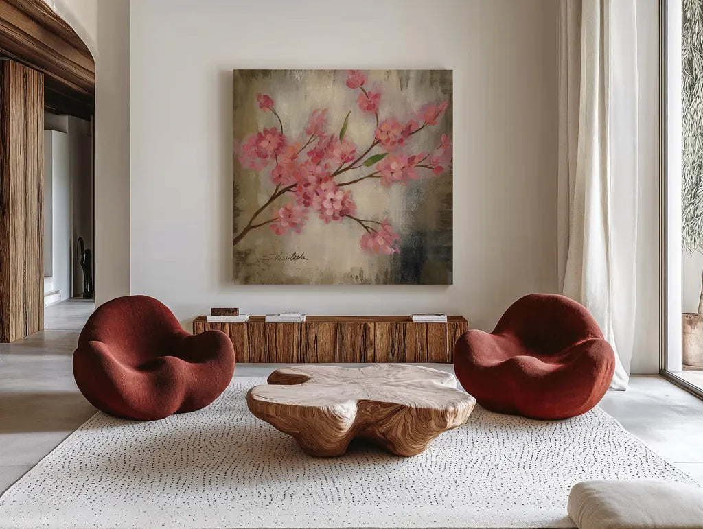 Cherry Blossom I by Silvia Vassileva. Shown as extra-large giant wall art in a modern living room. Available as an archival giclee rolled canvas, fine art paper, or poster print. SKU 7887a.