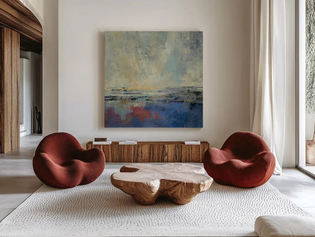 Coastal View I v2 by Silvia Vassileva. Shown as extra-large giant wall art in a modern living room. Available as an archival giclee rolled canvas, fine art paper, or poster print. SKU 61340a.