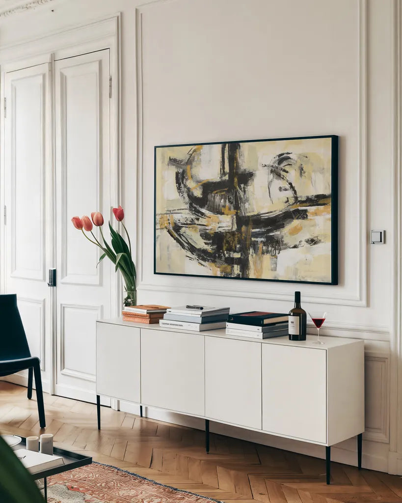 Concept by Silvia Vassileva. shown as a framed stretched canvas in a living room above a console. Available as a archival giclee rolled canvas, fine art paper, or poster print. SKU 62960i.