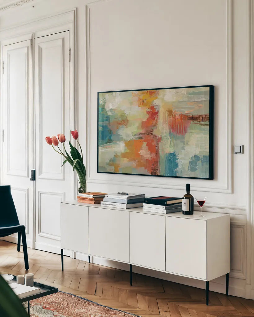 Coral Reef by Silvia Vassileva. shown as a framed stretched canvas in a living room above a console. Available as a archival giclee rolled canvas, fine art paper, or poster print. SKU 18559i.