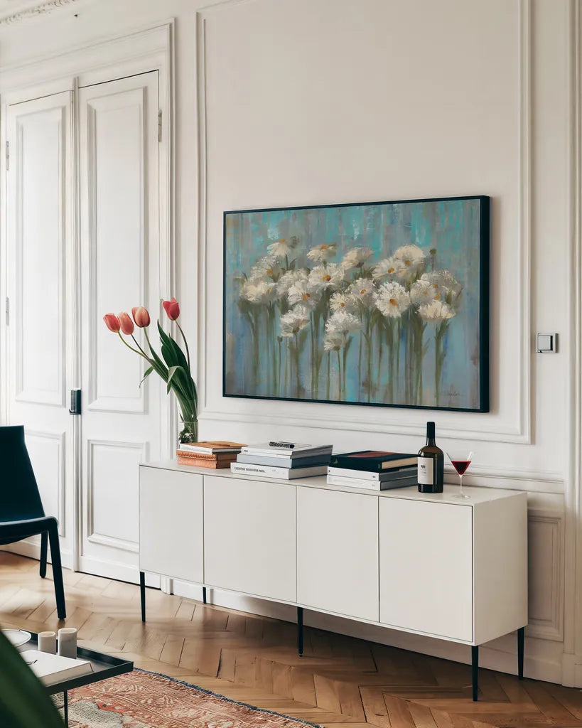 Daisies by the Lake by Silvia Vassileva. shown as a framed stretched canvas in a living room above a console. Available as a archival giclee rolled canvas, fine art paper, or poster print. SKU 61012i.