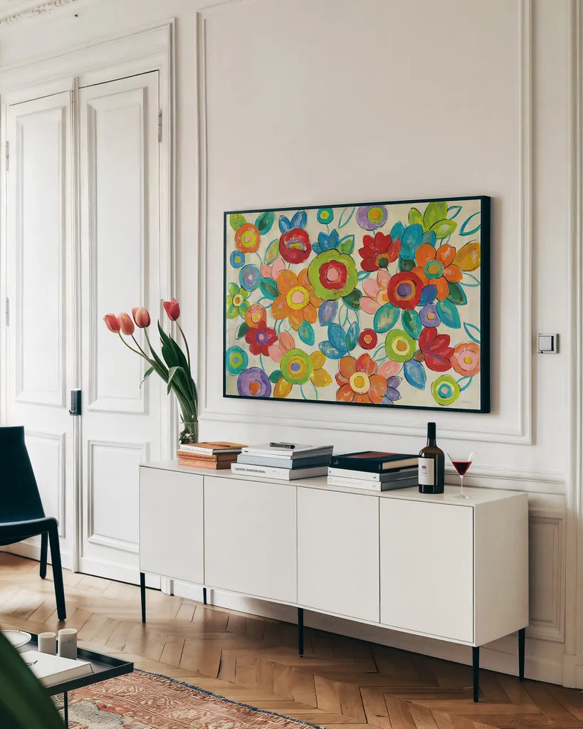 Decorative Flowers Bright by Silvia Vassileva. shown as a framed stretched canvas in a living room above a console. Available as a archival giclee rolled canvas, fine art paper, or poster print. SKU 28857i.