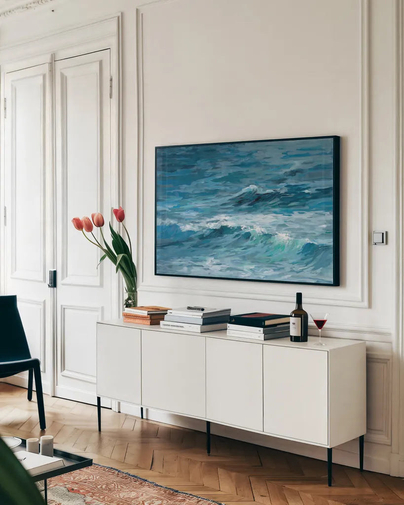 Deep Blue Sea by Silvia Vassileva. shown as a framed stretched canvas in a living room above a console. Available as a archival giclee rolled canvas, fine art paper, or poster print. SKU 73224i.