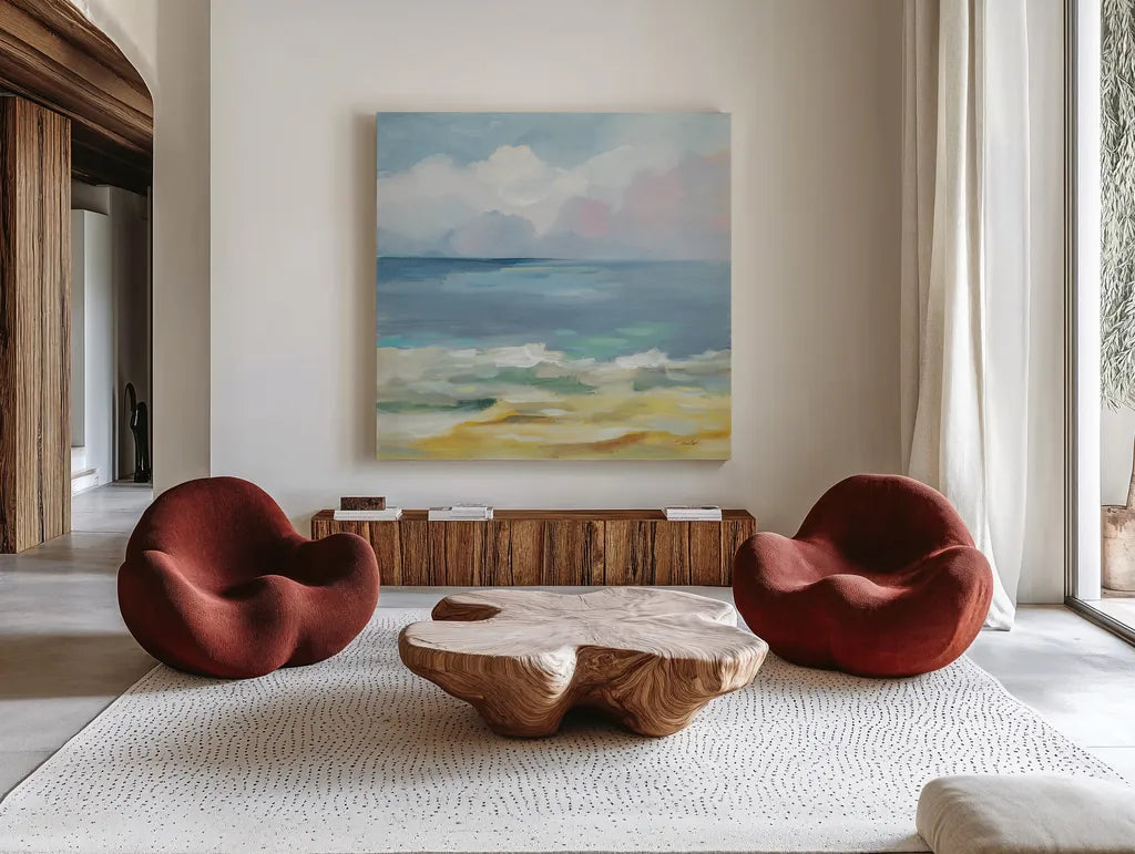 Del Mar Sky II by Silvia Vassileva. Shown as extra-large giant wall art in a modern living room. Available as an archival giclee rolled canvas, fine art paper, or poster print. SKU 79156a.