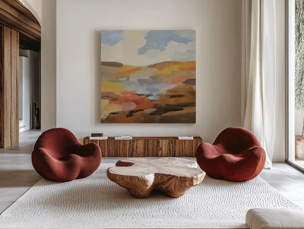 Desert Sky I by Silvia Vassileva. Shown as extra-large giant wall art in a modern living room. Available as an archival giclee rolled canvas, fine art paper, or poster print. SKU 85387a.