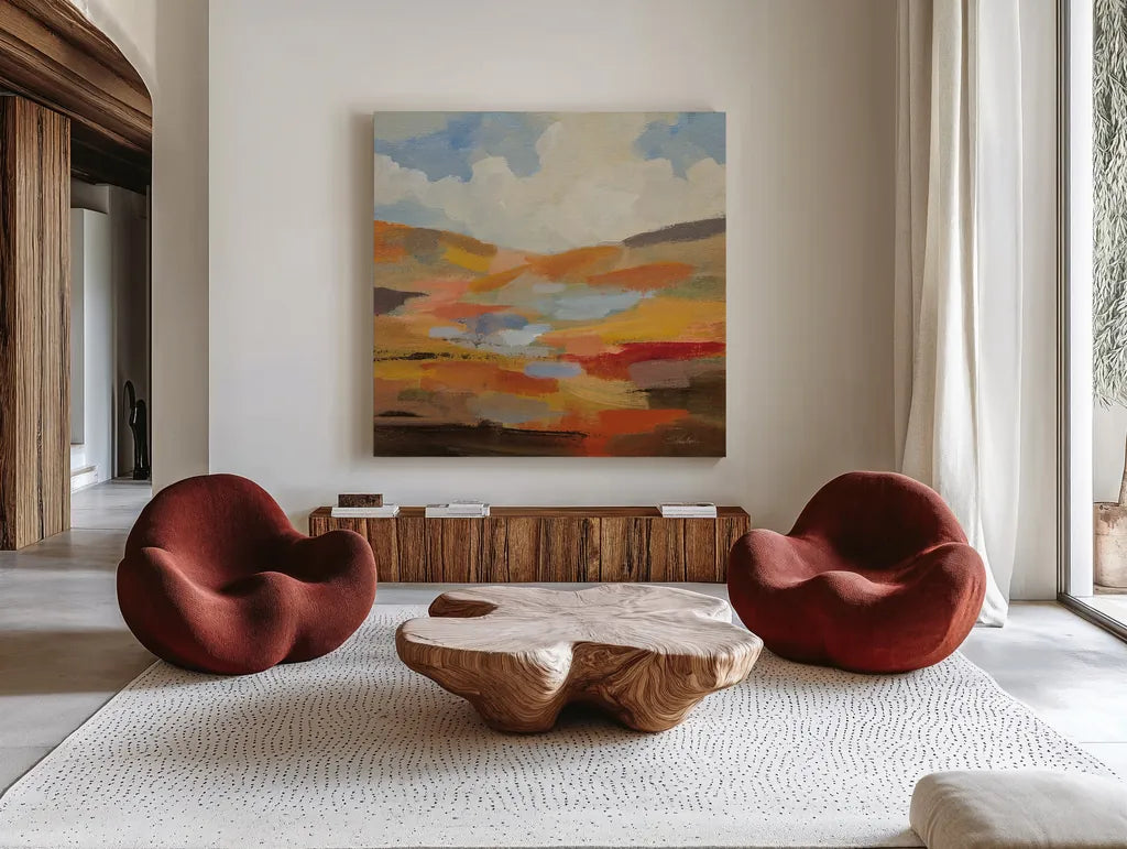 Desert Sky II by Silvia Vassileva. Shown as extra-large giant wall art in a modern living room. Available as an archival giclee rolled canvas, fine art paper, or poster print. SKU 85388a.