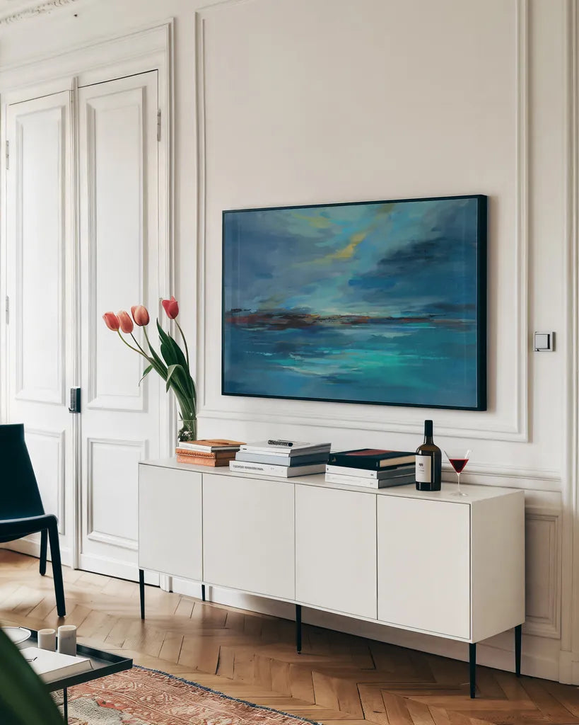 Early Morning Sea by Silvia Vassileva. shown as a framed stretched canvas in a living room above a console. Available as a archival giclee rolled canvas, fine art paper, or poster print. SKU 60169i.