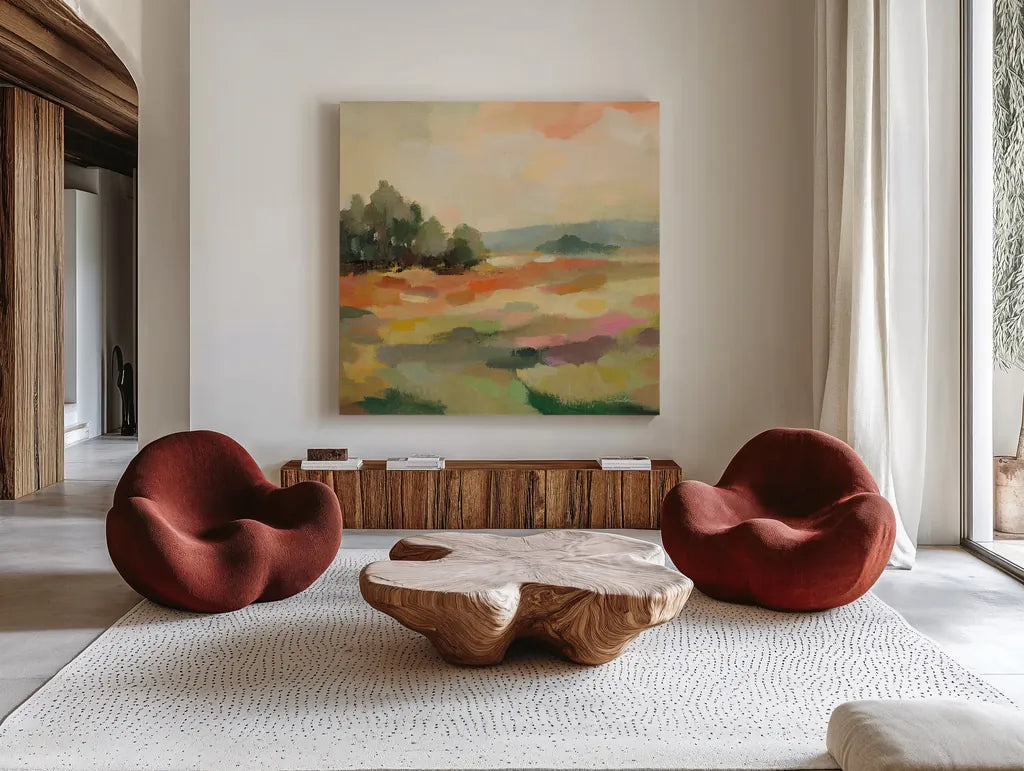 Early September II by Silvia Vassileva. Shown as extra-large giant wall art in a modern living room. Available as an archival giclee rolled canvas, fine art paper, or poster print. SKU 94824a.
