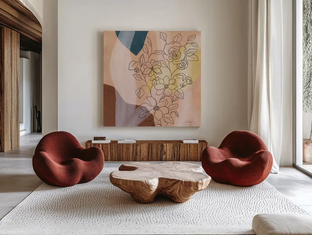 Earthy Boho Lace II by Silvia Vassileva. Shown as extra-large giant wall art in a modern living room. Available as an archival giclee rolled canvas, fine art paper, or poster print. SKU 77106a.