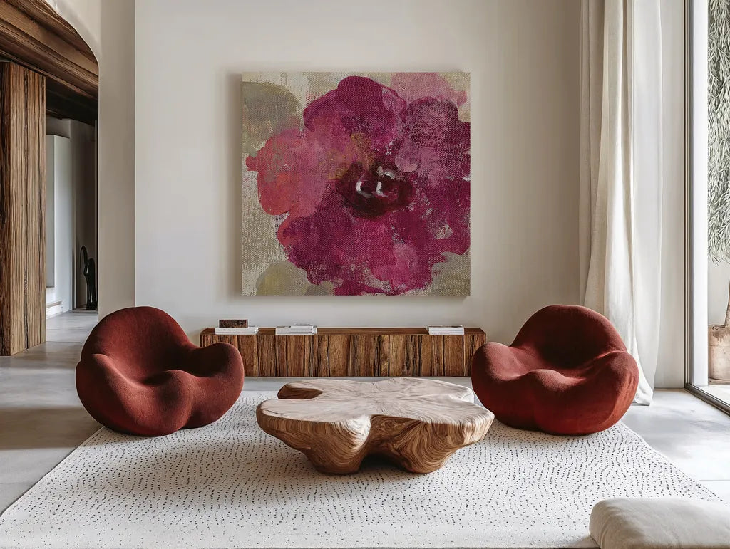 Elegant Fresco Floral Gold Flower III by Silvia Vassileva. Shown as extra-large giant wall art in a modern living room. Available as an archival giclee rolled canvas, fine art paper, or poster print. SKU 25683a.